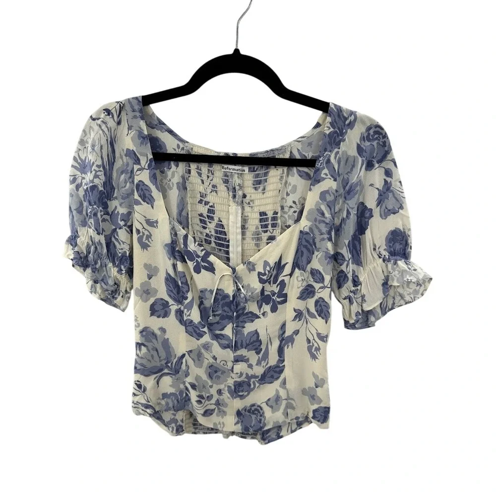 Reformation Blue White Floral Delevan Top Smocked Puff Sleeve Size 6